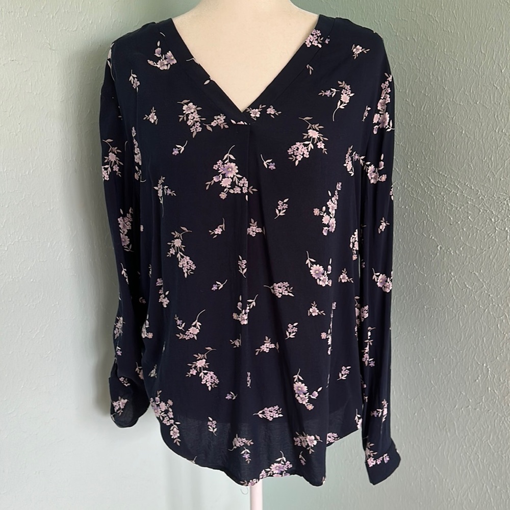 Navy with white and lilac floral blouse